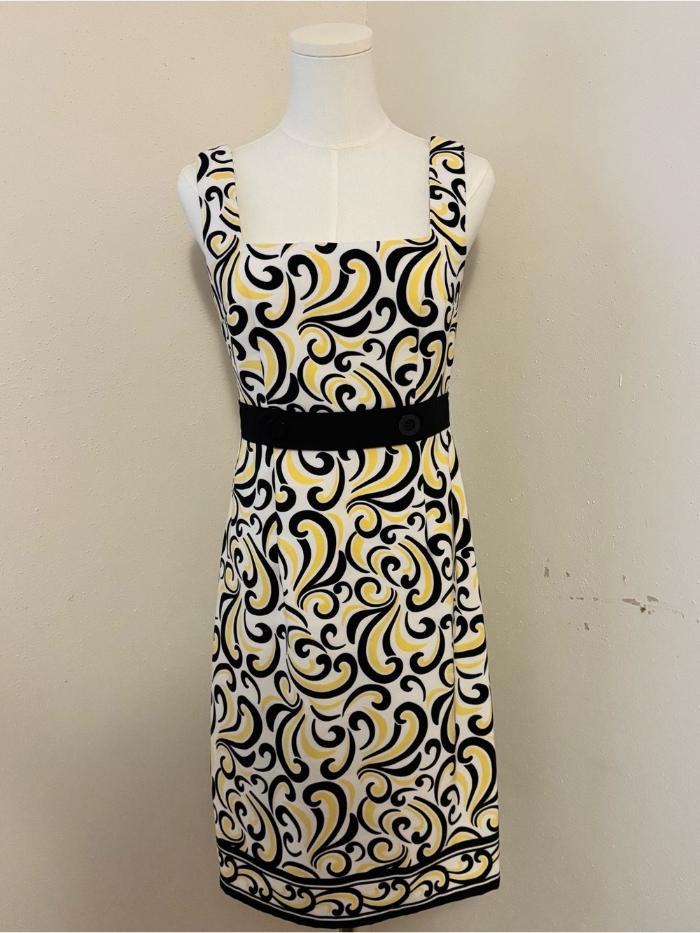 London Times - Square-Neck Midi Dress in Black, White & Yellow Swirl size 6